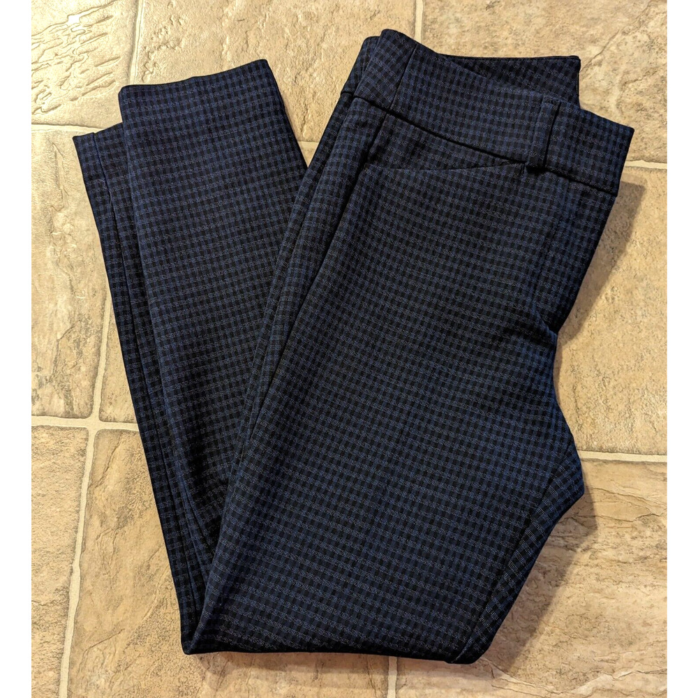 LOFT sz 2P Marisa Skinny Ponte Knit Pants blue black plaid print stretchy 2078